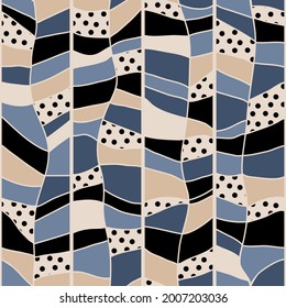 Abstract seamless geometric pattern of irregular geometrical shapes earth colors, polka dot and leaves texture imitation, chevron zigzag print for textile, fabric, wrapping paper vector illustration