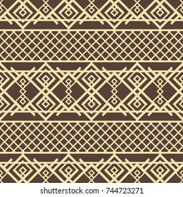 Abstract seamless geometric pattern of lattice with openwork oriental elements. Graceful vector tracery in brown and yellow colors