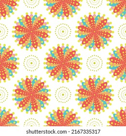 Resumen de patrón geométrico sin fisuras con flor de mandala.copos de nieve de fondo blanco, mosaico, azulejos, textil, de color étnico adorno multicolor Flor patrón con puntos de polka verde circular.