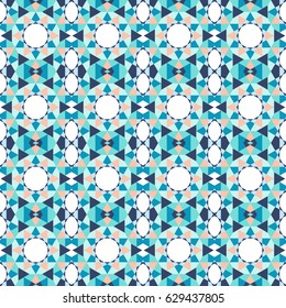 Abstract seamless geometric pattern of many elements. A kaleidoscope of shapes and shades of colors.