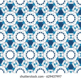 Abstract seamless geometric pattern of many elements. A kaleidoscope of shapes and shades of colors.