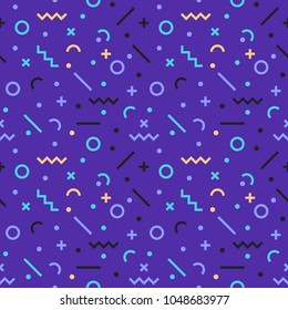 Abstract, seamless, geometric pattern, Memphis style. Retro hipsters design in 80s or 90s style. Ready for print on fabric, paper, website backdrop, Flat vector illustration.