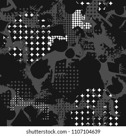 Abstract seamless geometric pattern. Monotone black and white repeated backdrop for boy, sport textile clothes, wrapping paper. Creative repeat wallpaper.tile background with shabby shape, dots, round