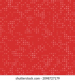Abstraktes, nahtloses geometrisches Muster. Mosaikanischer Hintergrund weißer Quadrate. Kleine Formen unterschiedlicher Farbe, die sich in kleinen Abständen voneinander unterscheiden. Vektorgrafik auf rotem Hintergrund