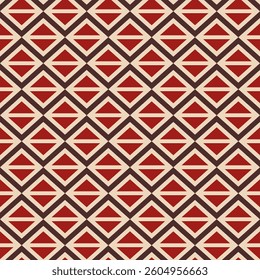 Abstract seamless geometric pattern. Motif with rhombuses, triangles. Red and brown color vector background. Design for background, clothing, wrapping, batik, fabric. Simple geometric background.