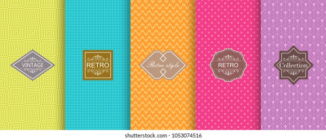 Abstract seamless geometric pattern on vibrant background. Set of Cute bright seamless patterns with frames. Vector illustration bright design