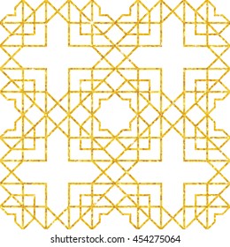 Abstract seamless geometric pattern on golden glittering texture. Arabic ornament. Vintage element for design in Eastern style. Glamour pattern. Ornamental golden decor. Editable vector illustration