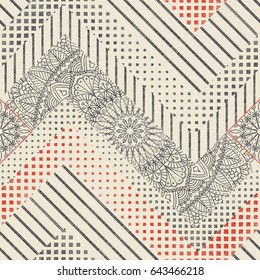 Abstract seamless geometric pattern on texture background in retro colors. Endless patchwork can be used for ceramic tile, wallpaper, linoleum, textile, web page background. Vector illustration