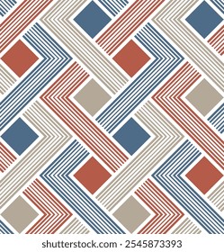 Abstract seamless geometric pattern with orange, blue, and beige zigzag intertwined lines on a white background. Contemporary modern style. Vector illustration.
