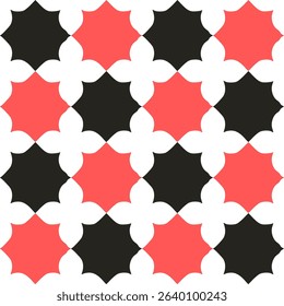 Abstract Seamless geometric pattern with pink and black stars on white background. Flower and star, repeat star pattern design for fabric printing repeat pattern, checkerboard, chessboard