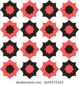 Abstract Seamless geometric pattern with pink and black stars on white background. Flower and star with border, repeat star pattern design for fabric printing repeat pattern, checkerboard, chessboard