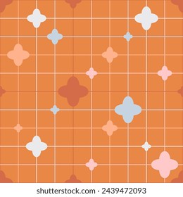 Abstract seamless geometric pattern with quatrefoil and grid in cartoon style. Vector bauhaus illustration. Aesthetic minimalists  background.
