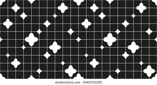 Abstract seamless geometric pattern with quatrefoil and grid in cartoon style. Vector bauhaus illustration. Aesthetic black white minimalists  background.