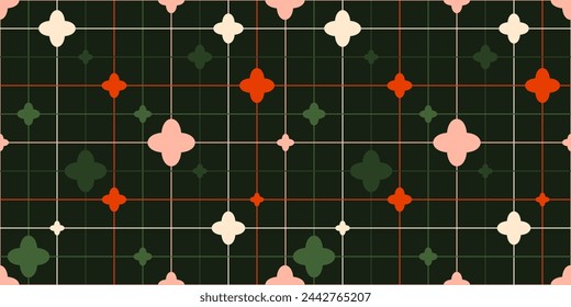 Abstract seamless geometric pattern with quatrefoil and grid in cartoon style. Vector bauhaus illustration. Aesthetic minimalists  background.