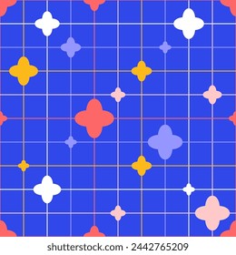 Patrón geométrico sin costuras abstracto con cuarzo y rejilla en estilo de dibujos animados. Ilustración del vector bauhaus. Fondo estético minimalista.