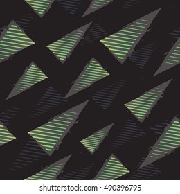 Abstract seamless geometric pattern. Repeated backdrop for boys, guys, sport, textile. Chaotic grunge black background with triangles arrow, spray paint, line, ink.Creative Original design