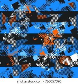 Abstract seamless geometric pattern with repeated stripes in black and blue cookies, curved shape geometric elements, orange, white rhombus. Technology motives for textile, clothes, wrapping paper