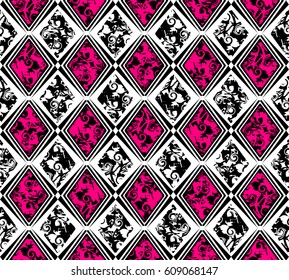 Abstract seamless geometric pattern with rhombus and whorl ornament in black, white, pink colors. Ethnic motives. Contrast repeated backdrop for girls, textile, wrapping paper. 