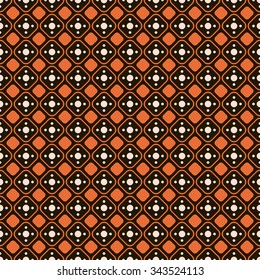 Abstract seamless geometric pattern. Rhombuses with rounded corners and peas in frames. Orange, light beige and black colors. Vector illustration