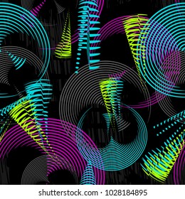 Abstract seamless geometric pattern with round circle, lines, triangles in purple, blue, green colors. Chaotic lined repeated backdrop for girl, textile, clothes, wrapping paper. colorful wallpaper. 