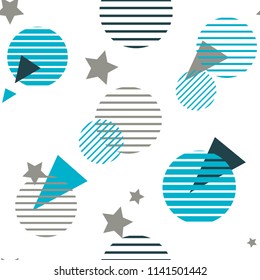 Abstract seamless geometric pattern with round lines, triangles, stars. Monochrome repeating backdrop for textile, sport clothes, wrapping paper. Geometrical shapes. 
