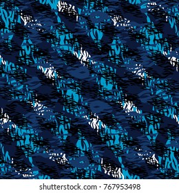  Abstract seamless geometric pattern with shabby shape. Monochrome dark blue white wallpaper for textile, sport clothes, wrapping paper. Multiplayer Chaotic repeated backdrop