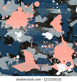 Abstract seamless geometric pattern with geometric shapes, dots, colorful spray paint ink.