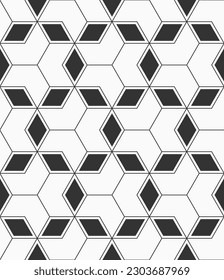 Abstract seamless geometric pattern. Geometric shapes seamless pattern Polygonal trellis on the base of triangular grid with filled rhombuses. Vector black and white background.