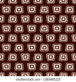 Abstract seamless geometric pattern of smooth beige squares on dark brown background. Aboriginal style. Doodle sketch style. Fashion pattern, simple graphic print. Vector color illustration.