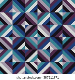 Abstract seamless geometric pattern. Square diamonds, consisting of colored stripes - black, snorkel blue, purple, turquoise, lilac gray and light gray.