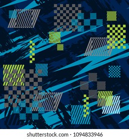 Abstract seamless geometric pattern with squares, lines, motion textured wallpaper. tile ornament. Geometrical repeated backdrop for boy, sport textile, clothes, wrapping paper