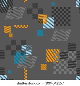 Abstract seamless geometric pattern with squares and lines. tile ornament. Geometrical repeated backdrop.  grey background  and geometrical colorful elements. Chess board ornament.  