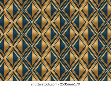 An abstract seamless geometric pattern squares shape featuring gold and blue colors. Elegant and symmetrical design. This background is perfect for use in interior and textile projects.