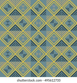 Abstract seamless geometric pattern of squares and striped triangles. Modern graphic print in elegant color palette, shades of blue and yellow. Vector illustration for fabric, paper and other