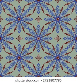 Un patrón geométrico abstracto sin fisuras con simetría estrella-floral en azul y rojo sobre un fondo verde suave. Ideal para textiles, Fondo de pantalla, embalaje, marca, fondos digitales y estampados decorativos.