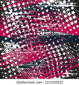 Abstract seamless geometric pattern with stars, geometric shapes, dots, colorful spray paint ink. Grunge urban pattern.