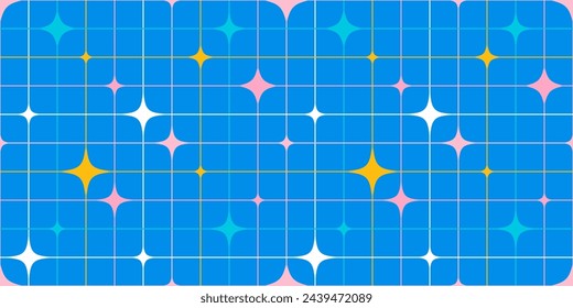 Patrón geométrico abstracto sin costuras con estrellas y cuadrícula en estilo de dibujos animados. Ilustración del vector bauhaus. Fondo estético minimalista.