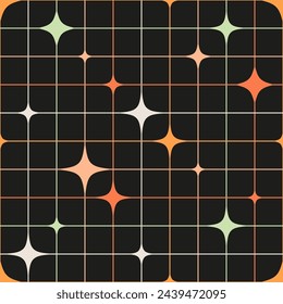 Patrón geométrico abstracto sin costuras con estrellas y cuadrícula en estilo de dibujos animados. Ilustración del vector bauhaus. Fondo estético minimalista.