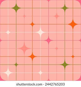 Abstract seamless geometric pattern with stars and grid in cartoon style. Vector bauhaus illustration. Aesthetic minimalists  background.