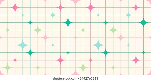 Abstract seamless geometric pattern with stars and grid in cartoon style. Vector bauhaus illustration. Aesthetic minimalists  background.