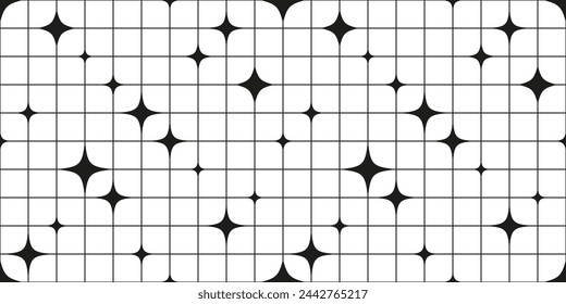 Patrón geométrico abstracto sin costuras con estrellas y cuadrícula en estilo de dibujos animados. Ilustración del vector bauhaus. Estética minimalista fondo blanco negro.