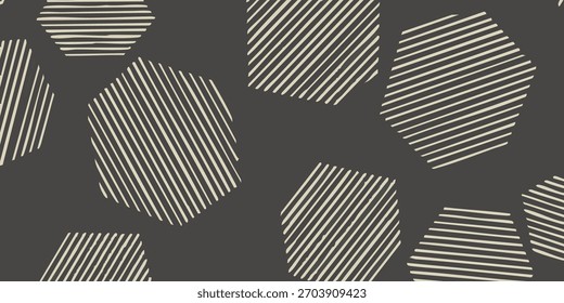 Abstraktes, nahtloses geometrisches Muster mit gestreiften Polygonformen auf dunklem Hintergrund. Moderne grafische Textur für digitale Kunst, Web-Elemente und zeitgenössisches Design