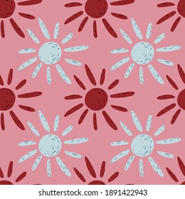 Abstract seamless geometric pattern with sun red and light blue shapes. Pink background. Decorative backdrop for fabric design, textile print, wrapping, cover. Vector illustration.