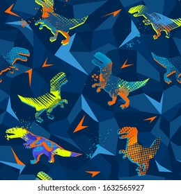 Abstract seamless geometric pattern with t rex silhouette. 