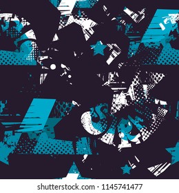 Abstract seamless geometric pattern with text Streer drawing in graffiti style, squares, dots, stars. Monochrome blue, black and white wall.  lGrunge urban wallpaper. 