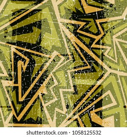 Abstract seamless geometric pattern for  textile, clothes. Grunge urban geometric repeated backdrop worn shape arrow, line, spray paint, ink, dots. Chaotic colorful neon wallpaper