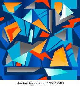 Abstract seamless geometric pattern with triangles, lightning, rectangle. Geometrical repeats wall. Chaotic curved pieces repeating backdrop. 