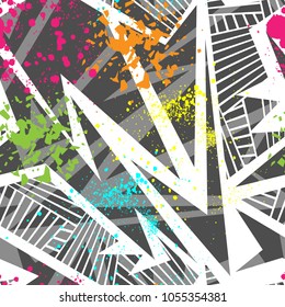 Abstract seamless geometric pattern with urban elements, scuffed, drops, sprays, triangles, neon spray paint. Grunge texture background.