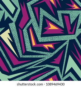 Abstract seamless geometric pattern with urban elements, scuffed, drops, sprays, triangles, neon spray paint. Grunge texture background. Creative original repeated backdrop