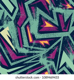 Abstract seamless geometric pattern with urban elements, scuffed, drops, sprays, triangles, neon spray paint. Grunge texture background. Creative original repeated backdrop